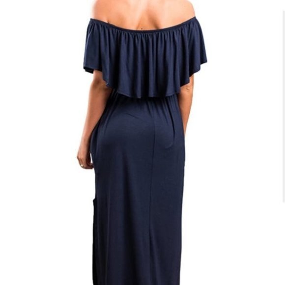 THANTH Off Shoulder Ruffle Navy Party Dress - Picture 4 of 10